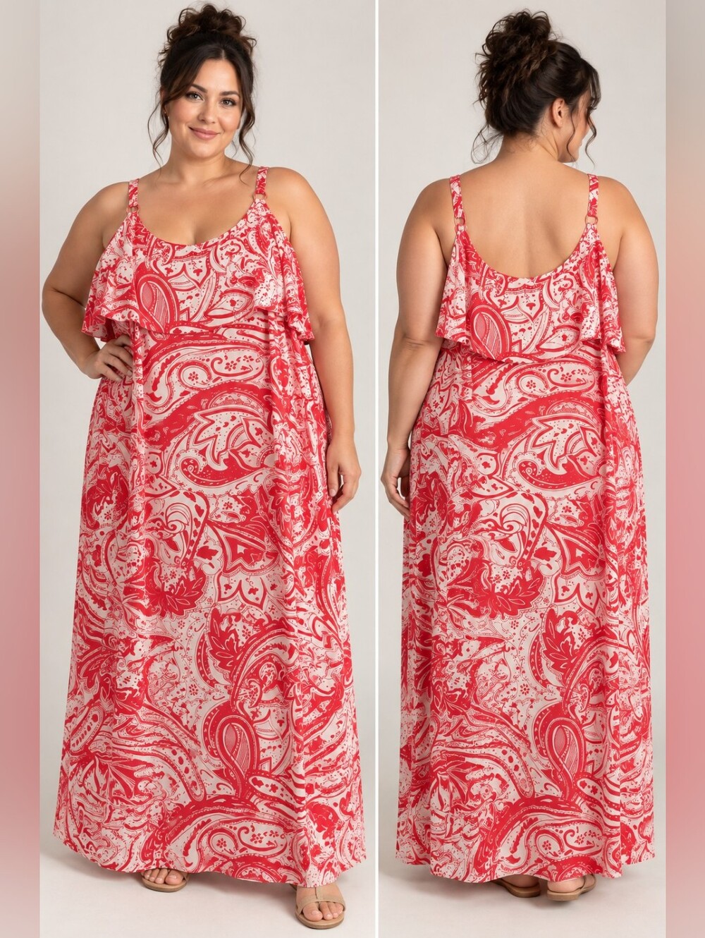 Faded Glory Women’s 4XL 26W–28W Red Paisley Ruffle Maxi Dress Adjustable Straps